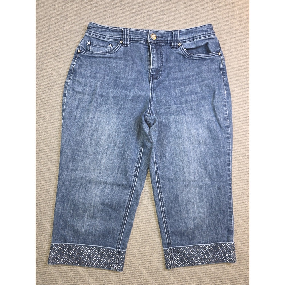 Christopher & Banks Women 8P Blue Denim Jean Capri Studded Rhinestone